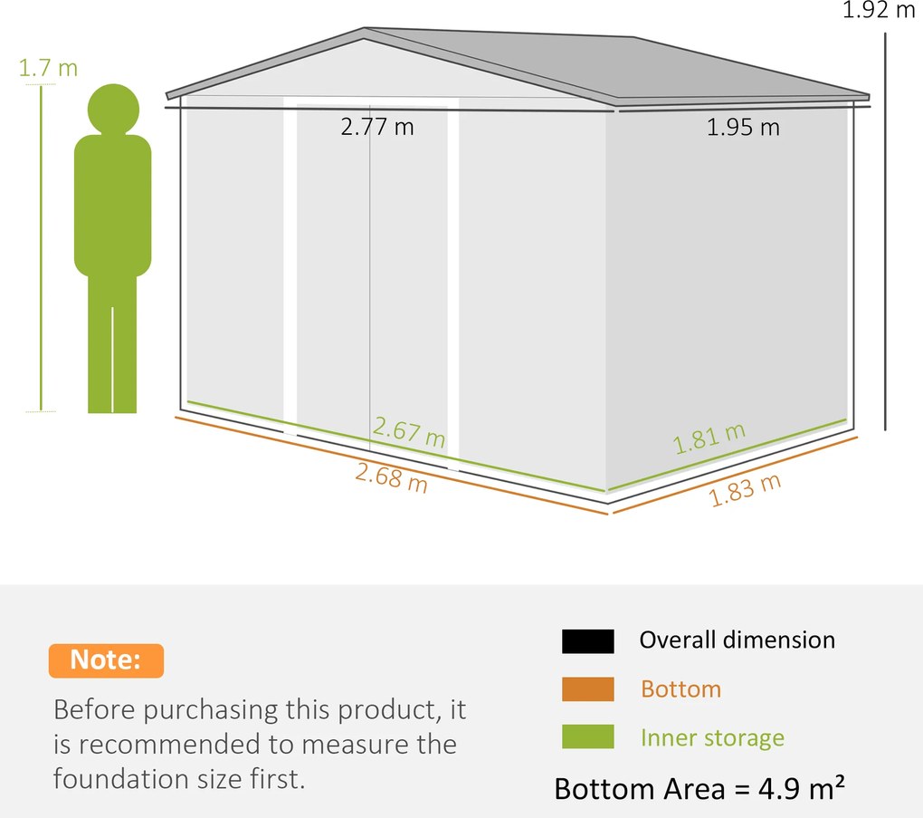 Outsunny Magazie de Grădină 4,9 m² 277x195x192 cm cu 2 Uși Culisante, Acoperiș Înclinat și 4 Grile de Ventilație, Gri Argintiu | Aosom Romania