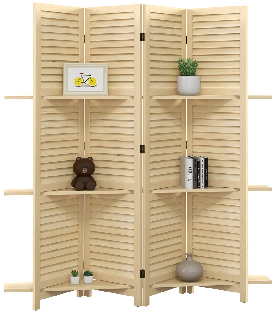 HOMCOM Paravant interior 4 panouri 160L x 170Î cm 3 rafturi pliabile separatoare de cameră uși pliante natural | Aosom Romania