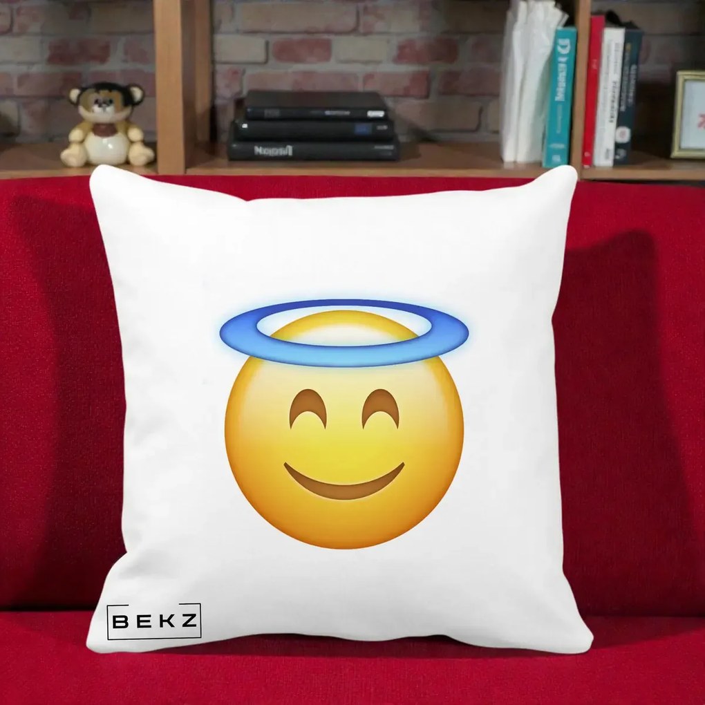 Perna Decorativa Emoji Inger cu Aureola, 40x40 cm, Alba Mata, Husa Detasabila, Perna Inclusa, BEKZ®