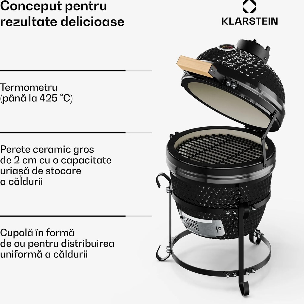 Klarstein grătar kamado, Princesize, ceramică, 11", afumare, BBQ, gătit lent, negru