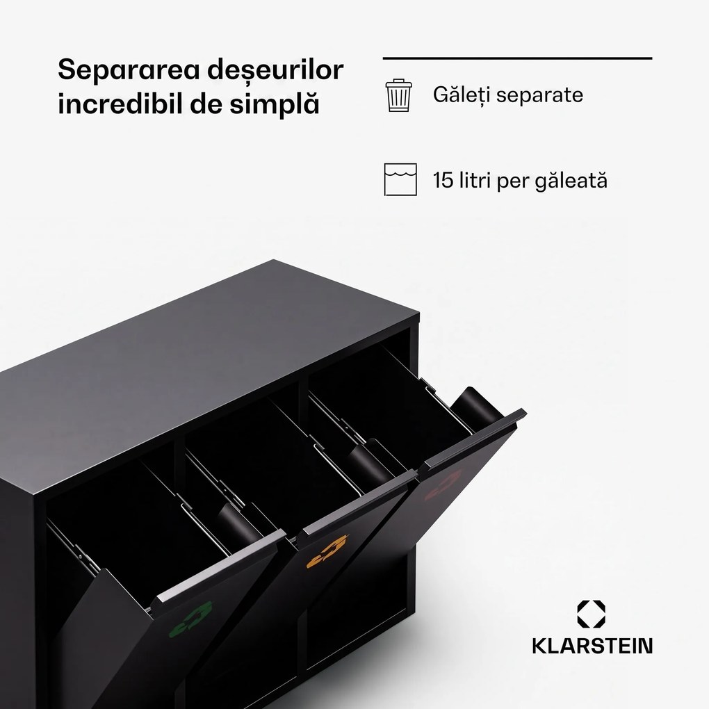 Klarstein Ordnungshüter 3 coșuri de gunoi 45 litri 3 recipiente reciclare montaj pe perete