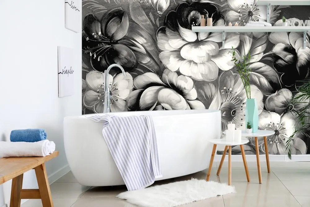 Tapet flori în design alb-negru