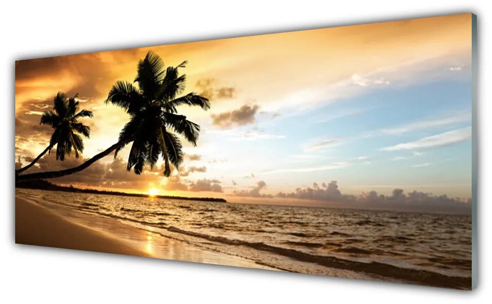 Tablouri acrilice Palm Trees Sea Beach Peisaj Galben Negru Albastru