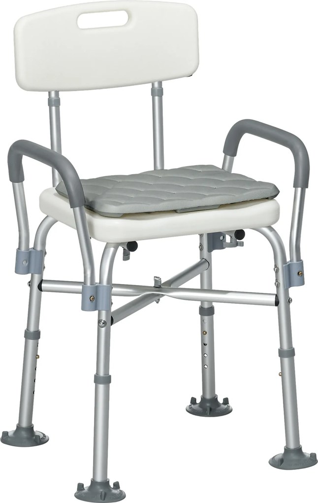 HOMCOM Scaun de Baie din Aluminiu Reglabil, cu Spătar și Brațe, Pernă Moale, Antialunecare, Alb | Aosom Romania