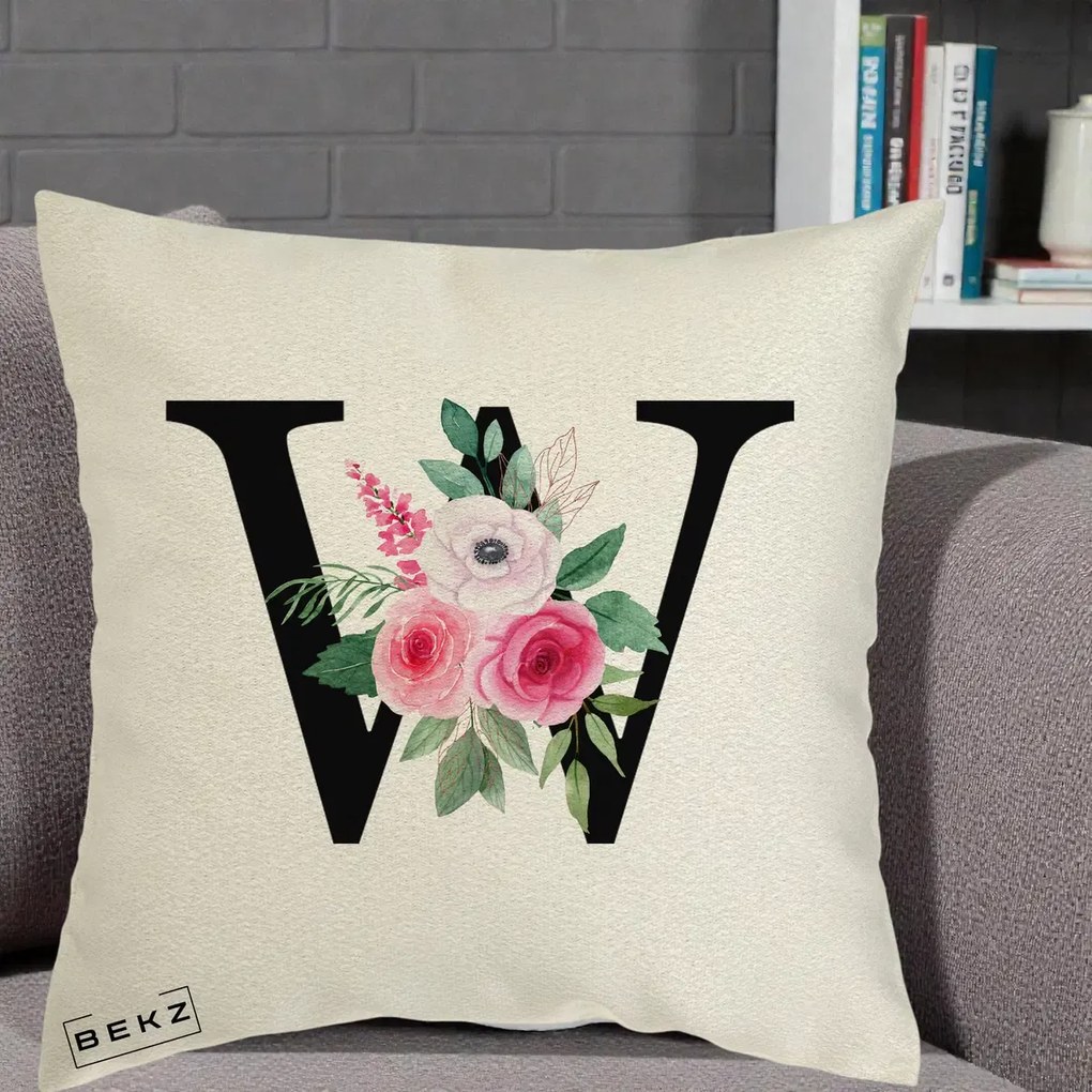 Cadou Personalizat - Perna Personalizata Monograma Florala Litera W cu Trandafiri si Anemona, 40x40 cm, Ecru, Husa Detasabila, Perna Inclusa, BEKZ®