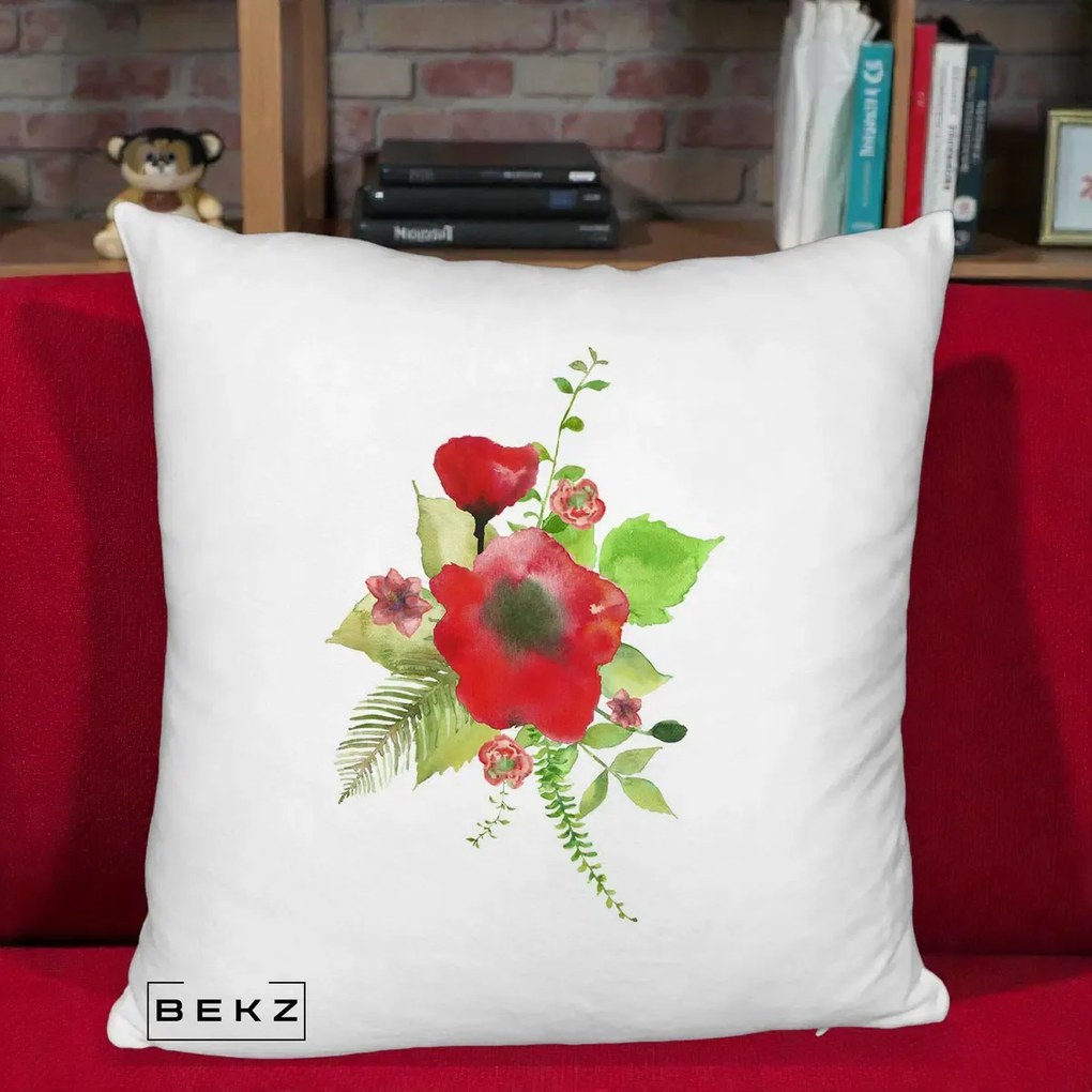 Perna Decorativa Buchet Rosu Acuarela, 40x40 cm, Alb Pufos, Husa Detasabila, Perna Inclusa, BEKZ®