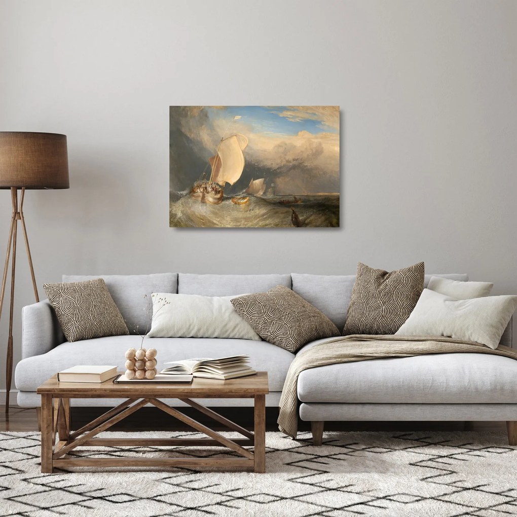 Tablou pe sticlă - William Turner, Fishing Boats with Hucksters Bargaining for Fish, reproducere (70x50 cm)