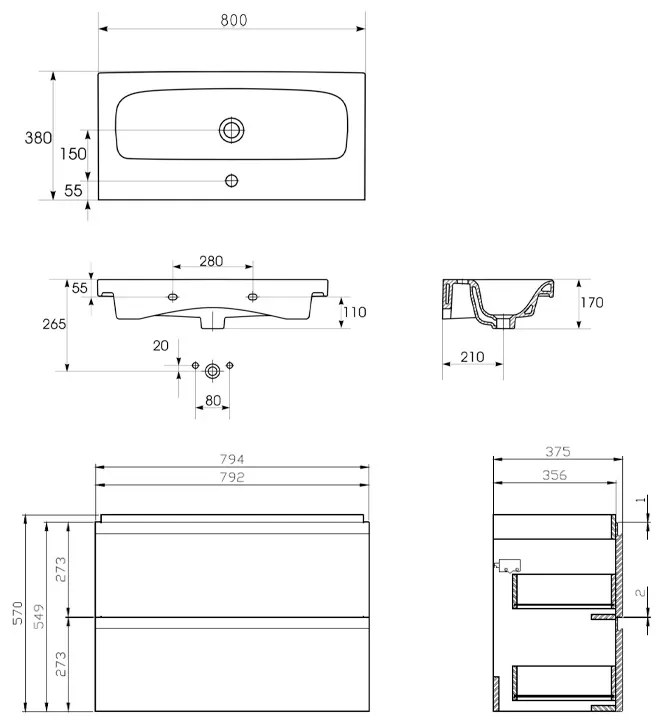 Set mobilier cu lavoar Cersanit, ModuoSlim 80 cm, gri