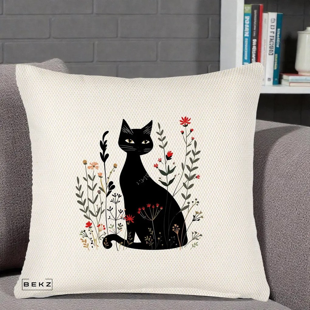 Perna Decorativa Pisica Neagra Botanica Rosu-Gri, 40x40 cm, Crem Reliefat, Husa Detasabila, Perna Inclusa, BEKZ®
