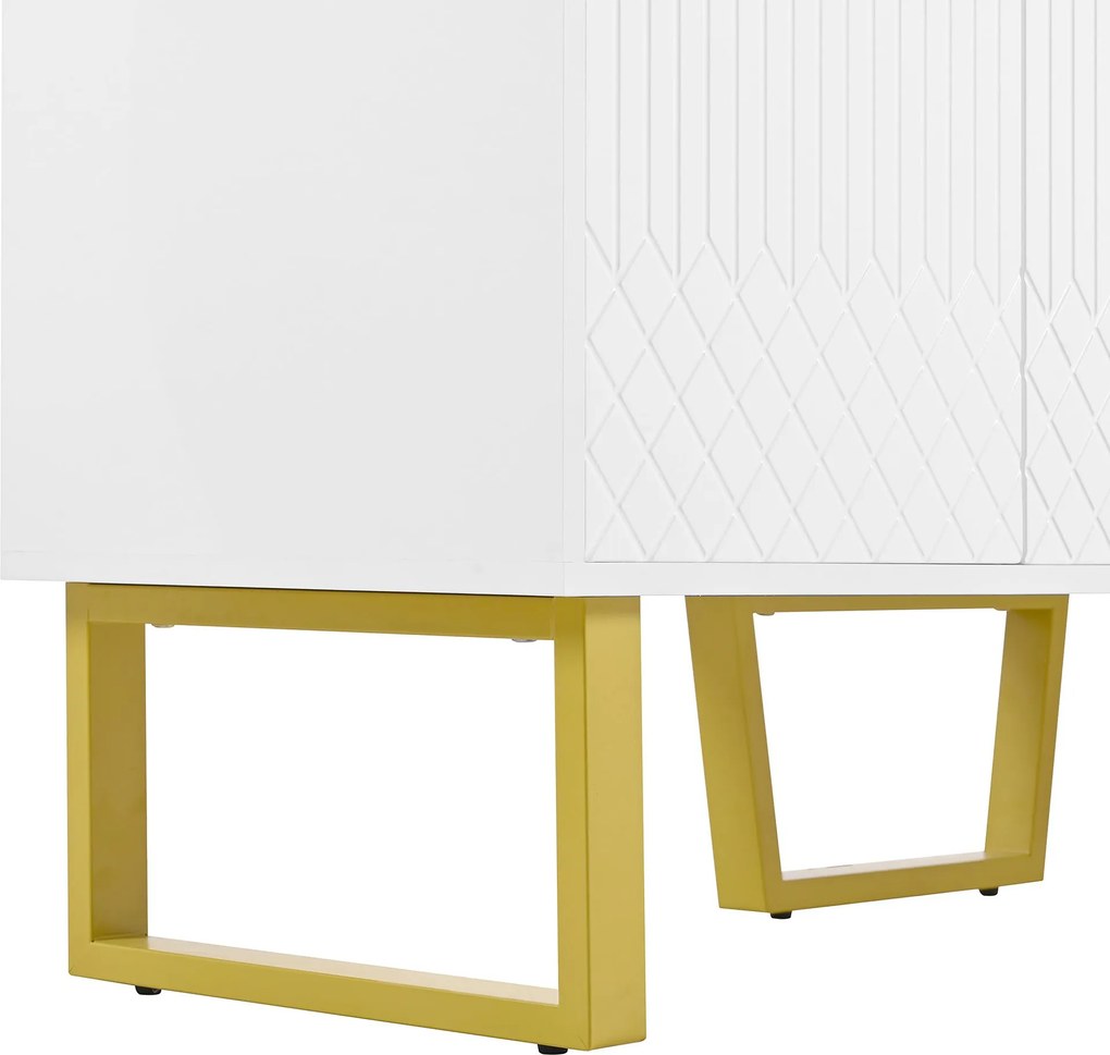 Bufet cu 4 uși, mânere și picioare din metal, spațiu mare de depozitare, 140x40x80 cm, Alb