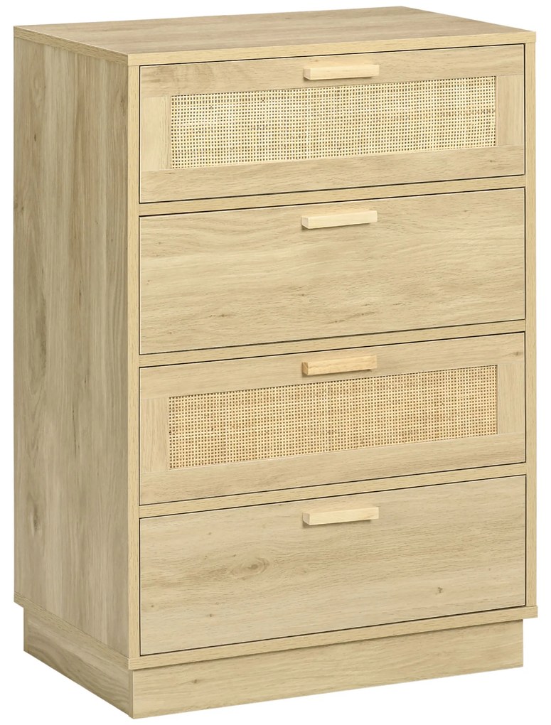 HOMCOM Comoda design boem din ratan cu 4 sertare, mobilier de depozitare pentru living, hol, intrare, lemn natural | Aosom Romania