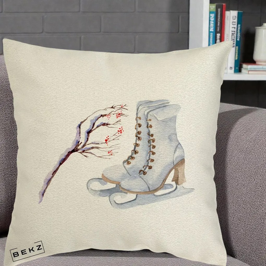 Perna Decorativa Patine cu Ramuri Inzapezite, 40x40 cm, Ecru, Husa Detasabila, Perna Inclusa, BEKZ®