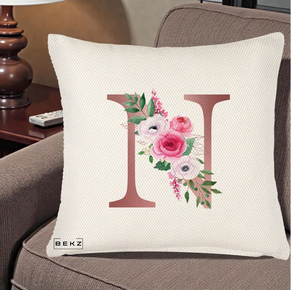 Cadou Personalizat - Perna Personalizata Monograma Rose Gold Litera N, 40x40 cm, Crem Reliefat, Husa Detasabila, Perna Inclusa, BEKZ®