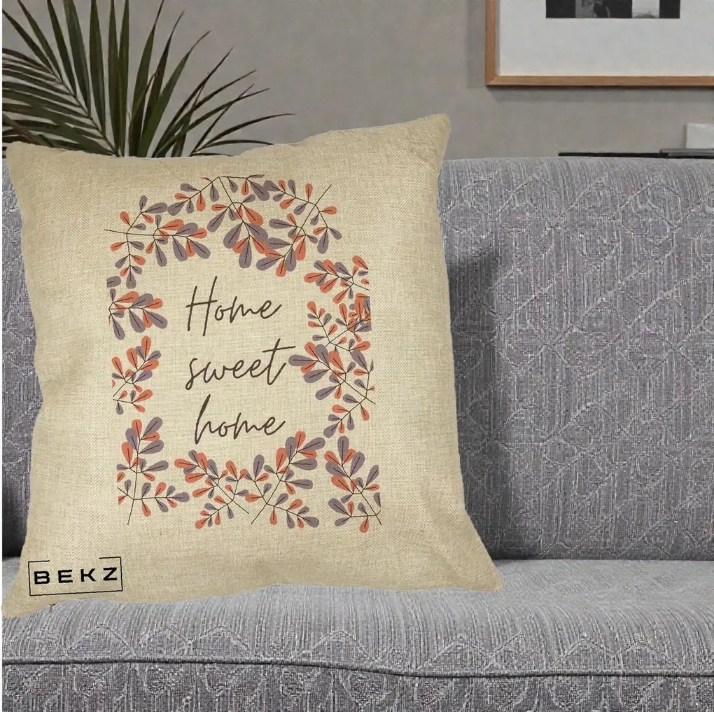Perna decorativa Home Sweet Home Frunze Colorate, 40x40 cm cu Umplutura, Crem, BEKZ