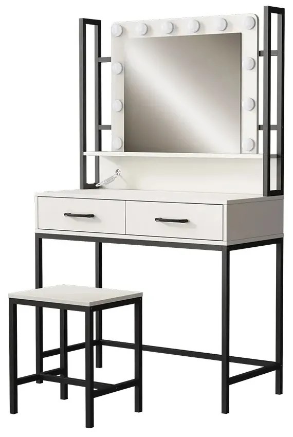 SEA807 - Set Masa toaleta 90 cm, cosmetica, machiaj, oglinda cu LED, masuta vanity cu scaun - Alb - Negru