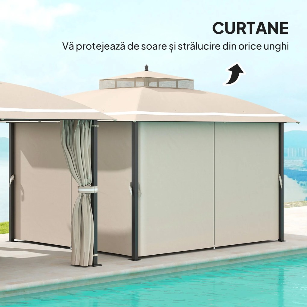 Outsunny Pavilion pentru Exterior cu Baldachin, Acoperiș Dublu, Plasă și Draperii, 370x303x290 cm, Bej | Aosom Romania