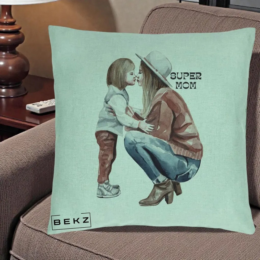 Cadou pentru Mama - Perna Personalizata Super Mom Acuarela, 40x40 cm, Verde Menta, Husa Detasabila, Perna Inclusa, BEKZ®