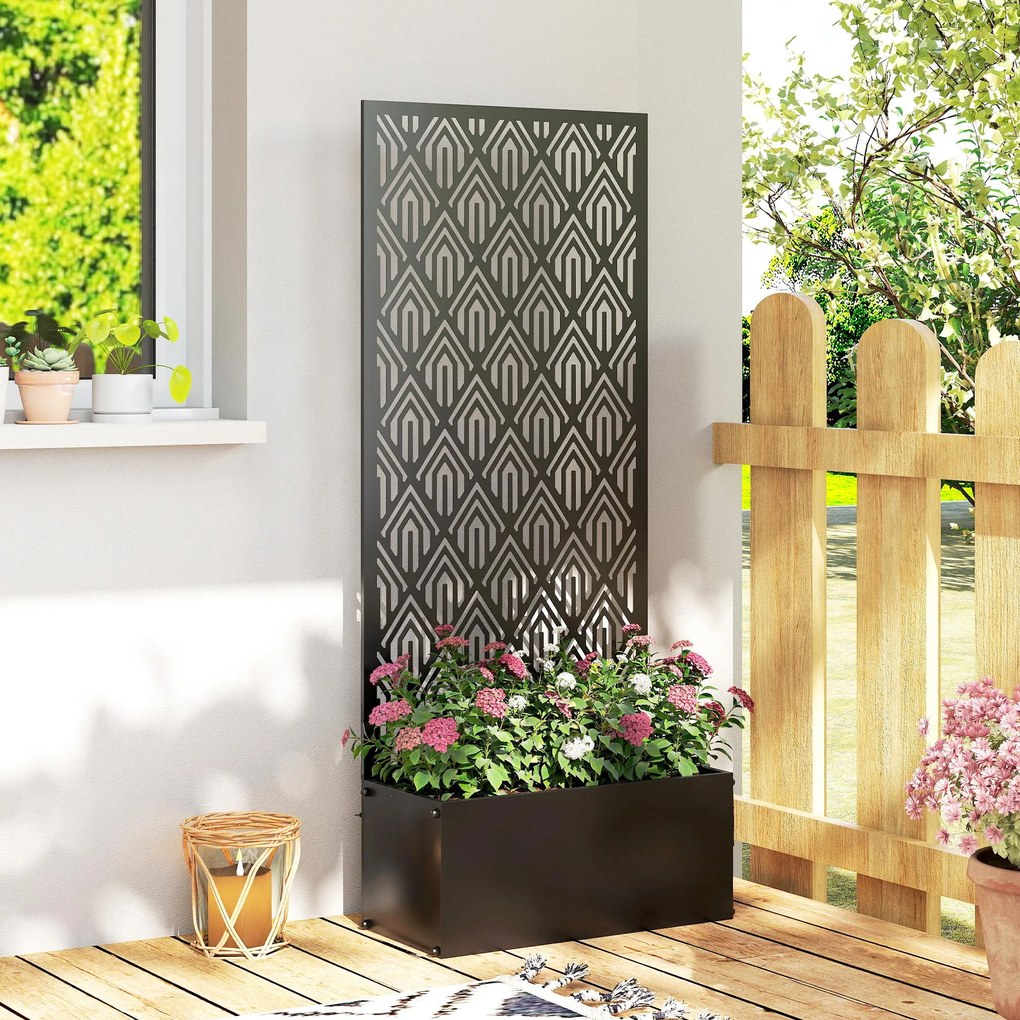 Outsunny Jardinieră cu spalier, ghiveci cu paravan, pentru plante cățărătoare, metal, 45 x 21,5 x 110 cm, negru | Aosom Romania