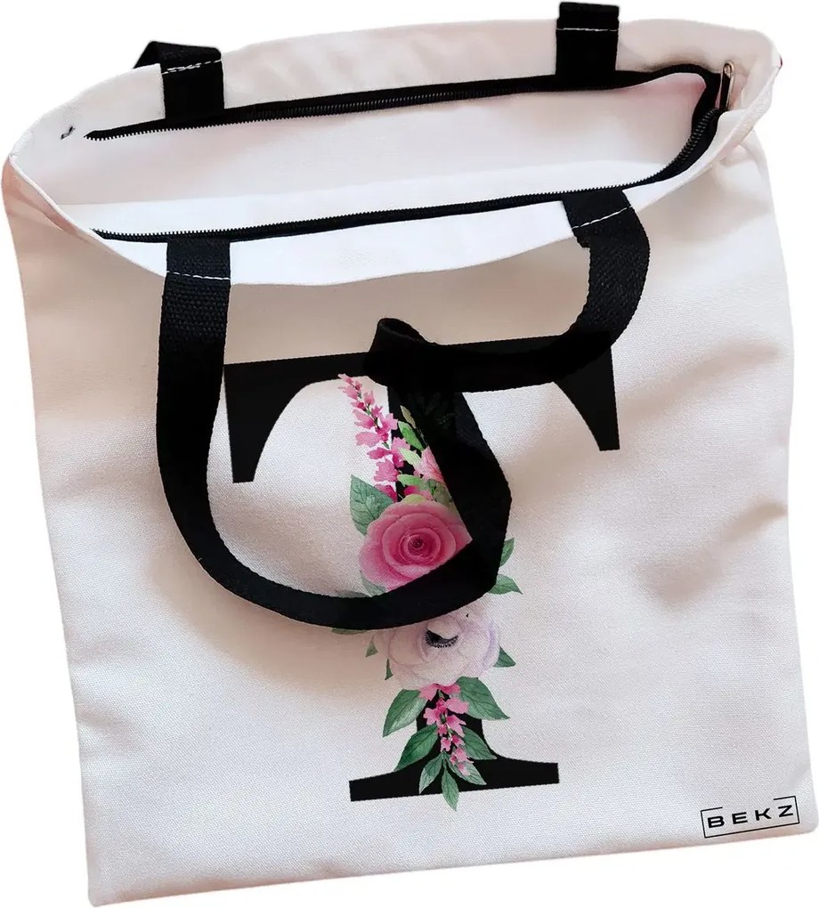 Sacosa de Panza pentru Cumparaturi, Geanta Tote, Cu litera T si Trandafiri, Cu fermoar, 38x34.5 cm, Alba, BEKZ®