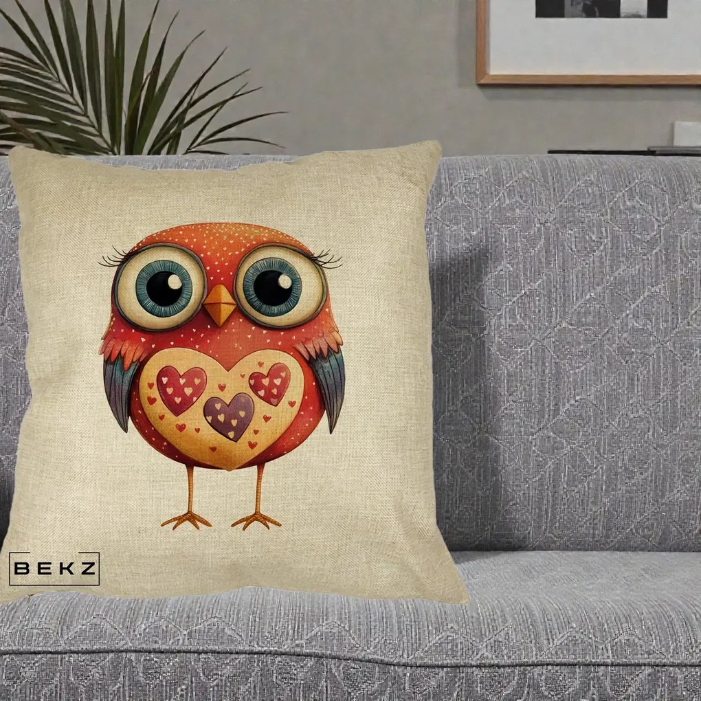 Perna Decorativa Bufnita Rosie cu Inimi Aurii, 40x40 cm, Crem, Husa Detasabila, Perna Inclusa, BEKZ®