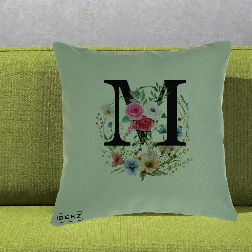 Cadou Personalizat - Perna Personalizata Monogram Litera M cu Flori Acuarela, 40x40 cm, Verde, Husa Detasabila, Perna Inclusa, BEKZ®
