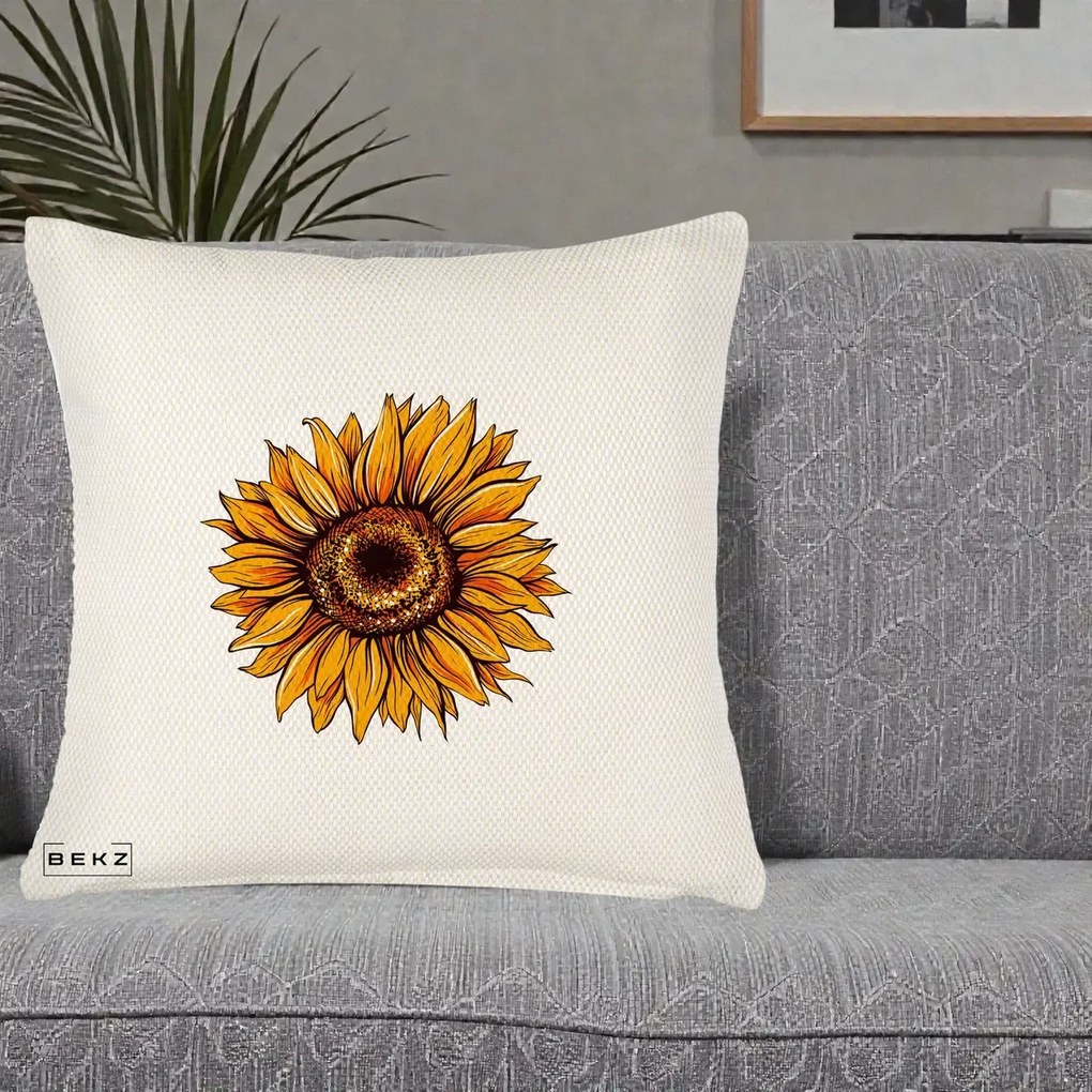 Perna Decorativa Floarea Soarelui Vibranta, 40x40 cm, Crem Reliefat, Husa Detasabila, Perna Inclusa, BEKZ®