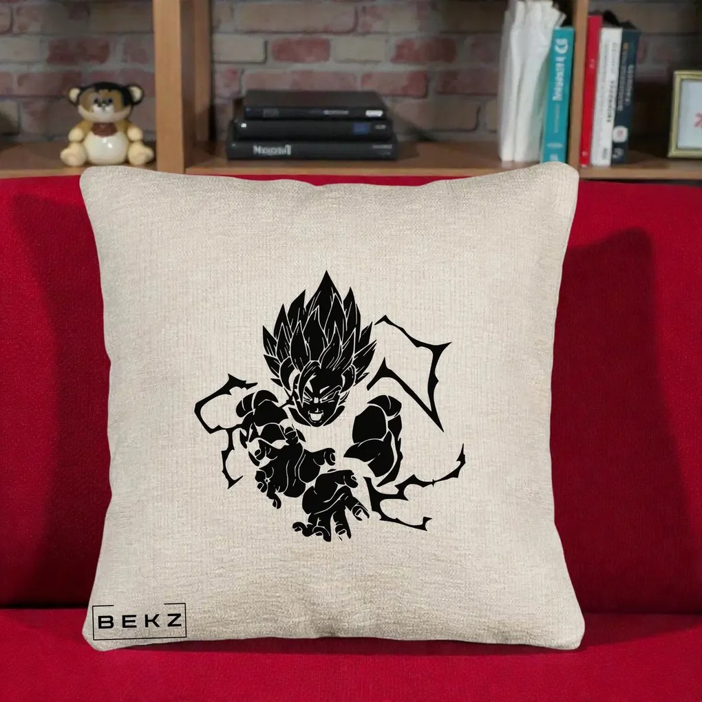 Perna Personalizata Dragon Ball Goku Super Saiyan Silueta, 40x40 cm, Bej Canapea, Husa Detasabila, Perna Inclusa, BEKZ®