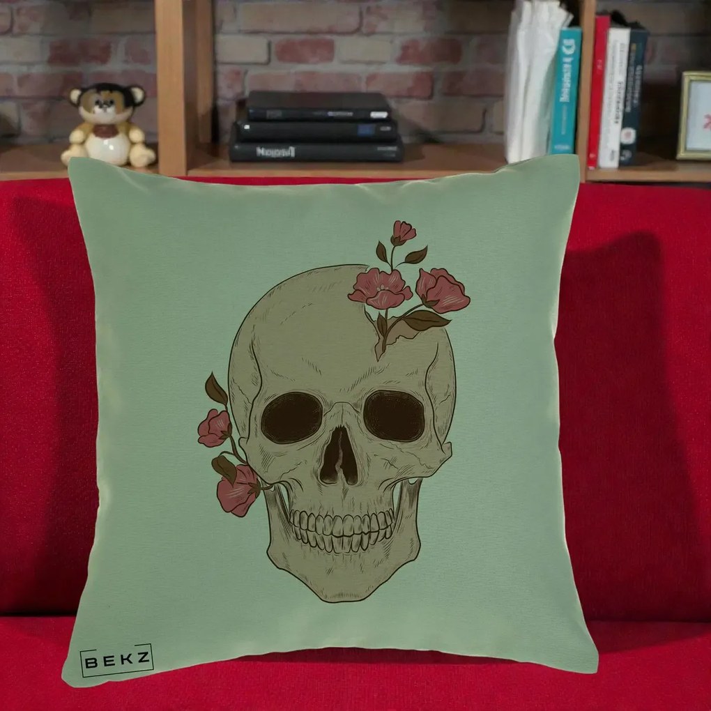 Perna Decorativa Craniu Floral Gothic, 40x40 cm, Verde, Husa Detasabila, Perna Inclusa, BEKZ®
