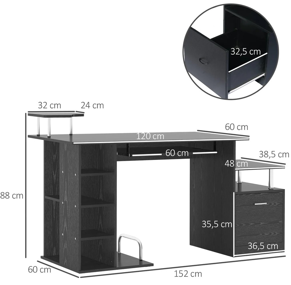 HOMCOM Birou Modern pentru Computer cu Sertare, Rafturi și Suport Detașabil pentru Tastatură, 152x60x88 cm, Negru | Aosom Romania