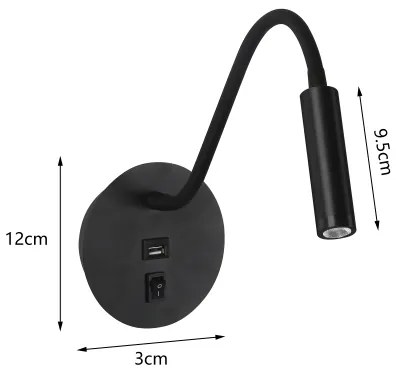 Lampă LED flexibilă de perete cu port USB Brilagi MAYA LED/3W/230V negru