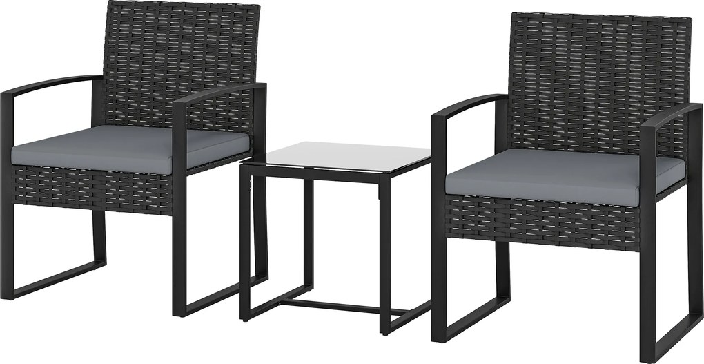 Outsunny Set de Mobilier pentru Grădină din Ratan Sintetic cu 2 Scaune cu Perne Detașabile și Masă cu Blat de Sticlă, Gri | Aosom Romania