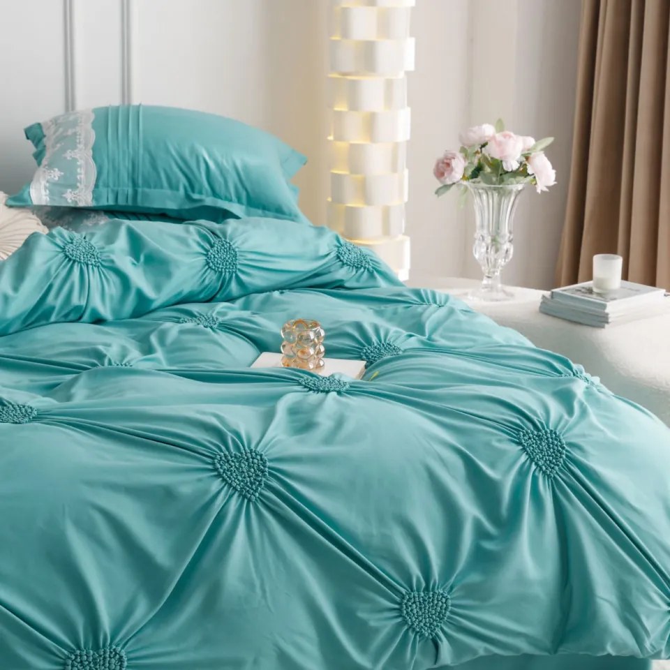 Lenjerie de pat uni cu pliuri si broderie, bumbac tip finet, 6 piese, pat 2 persoane, turquoise, FNJS-56