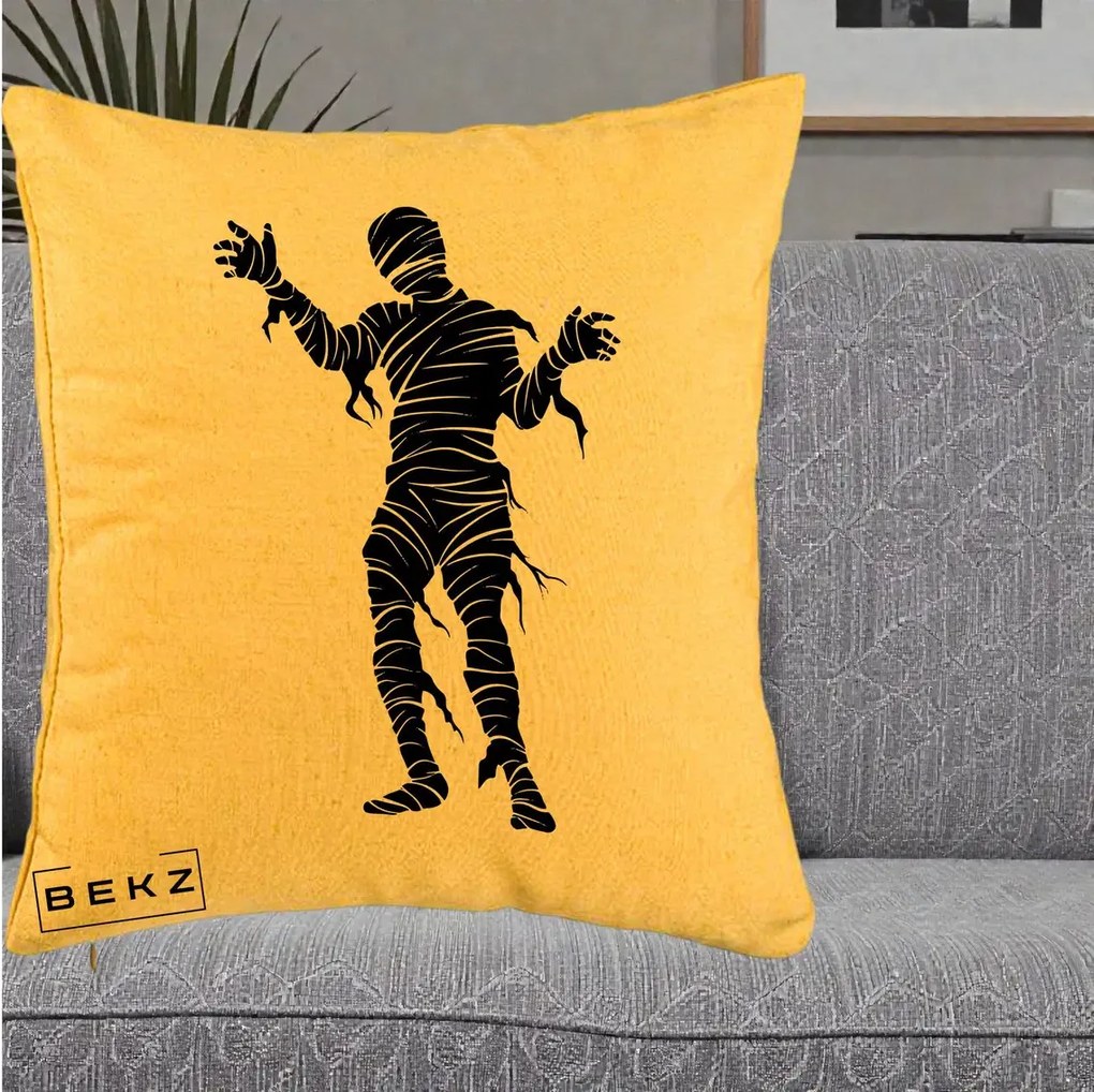Perna Decorativa Mormii Infricosat Silueta Neagra Halloween, 40x40 cm, Galben, Husa Detasabila, Perna Inclusa, BEKZ®