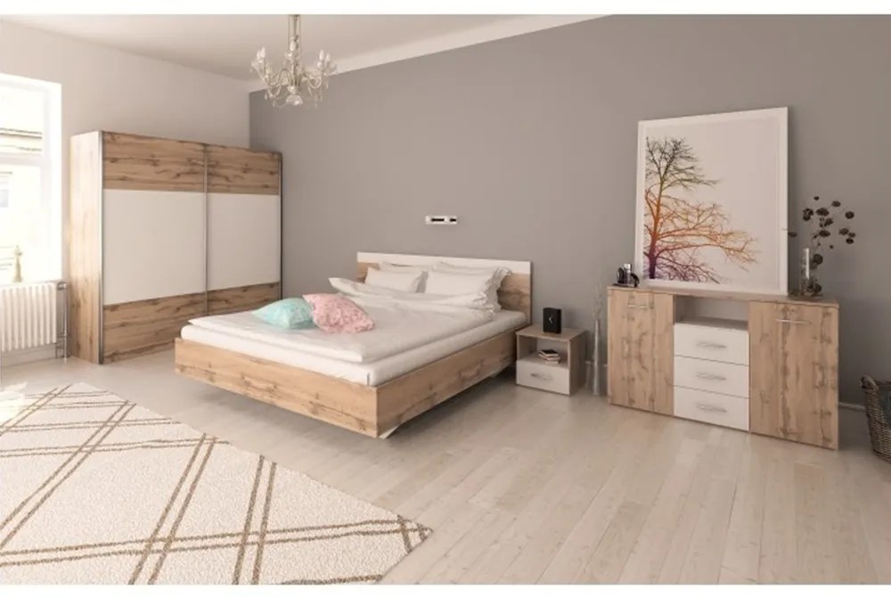 Set dormitor (pat 180x200 cm), stejar wotan/ alb, GABRIELA NEW