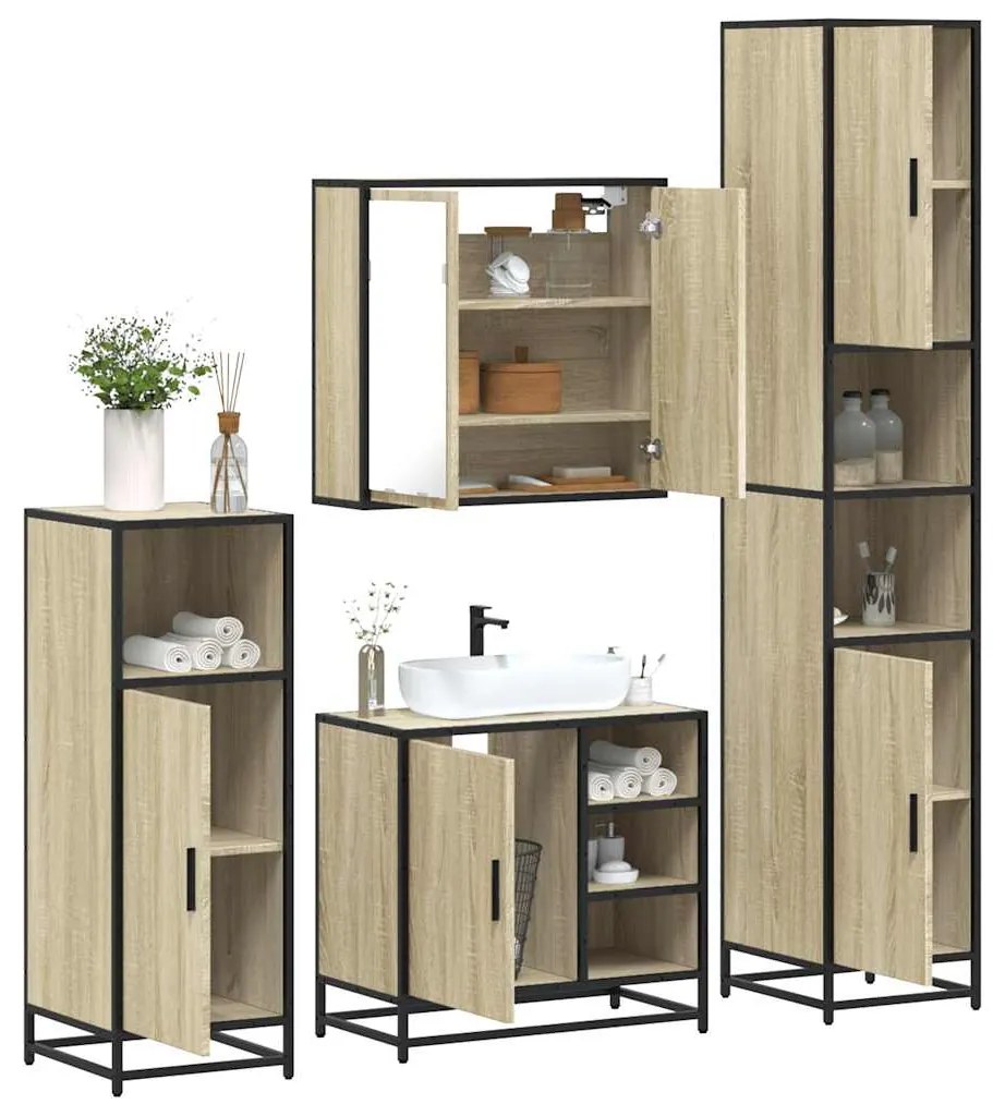 vidaXL Set de mobilier de baie din 4 piese din lemn de stejar Sonoma