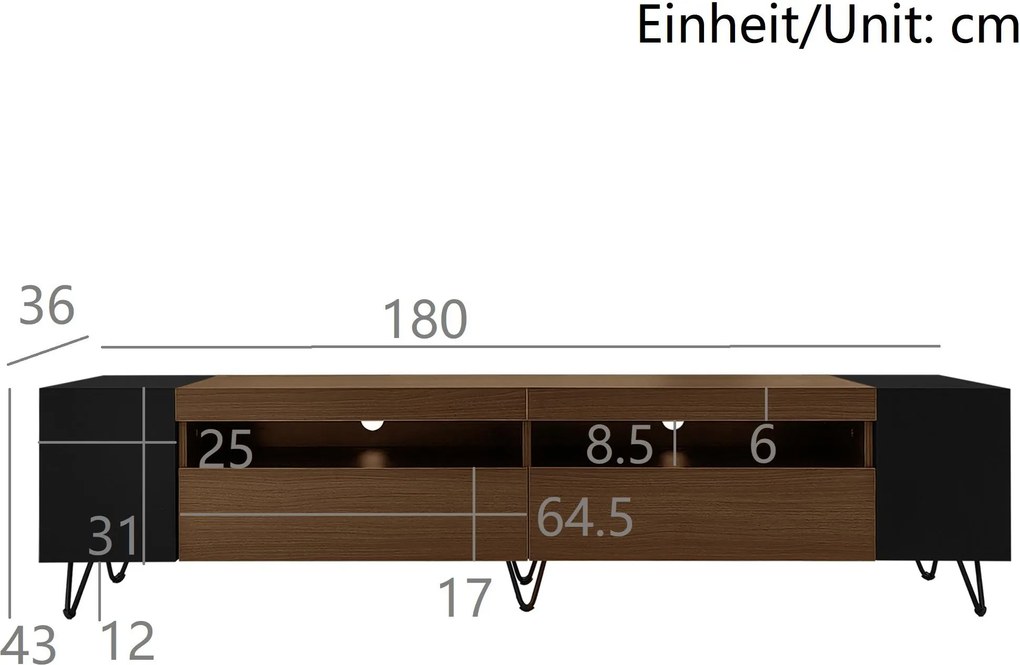 Dulap TV cu aspect de lemn, 2 compartimente deschise, rafturi laterale, 180x36x43 cm, Negru + Culoare naturală