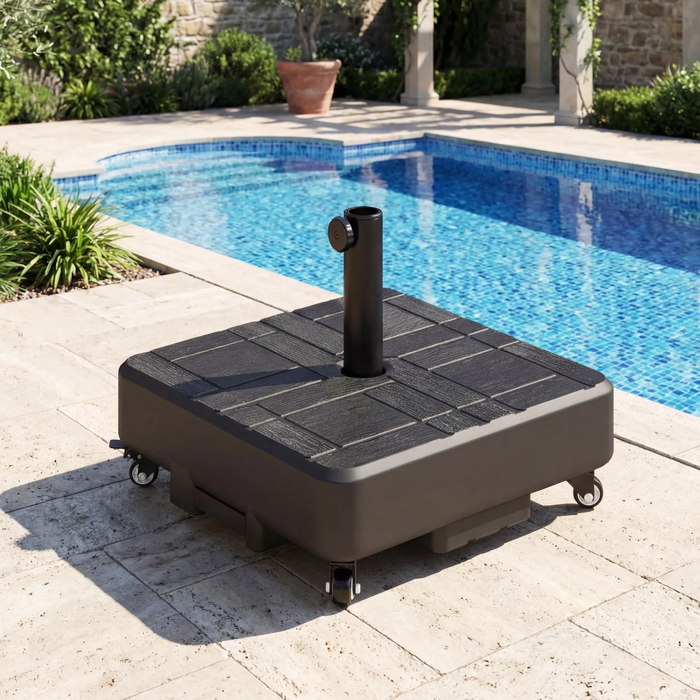 Outsunny Bază pătrată pentru umbrelă, suport umbrelă exterior cu roți Umplibil 35 kg Nisip sau 28 L Apă, 48 x 48 x 38,5 cm, Negru | Aosom Romania