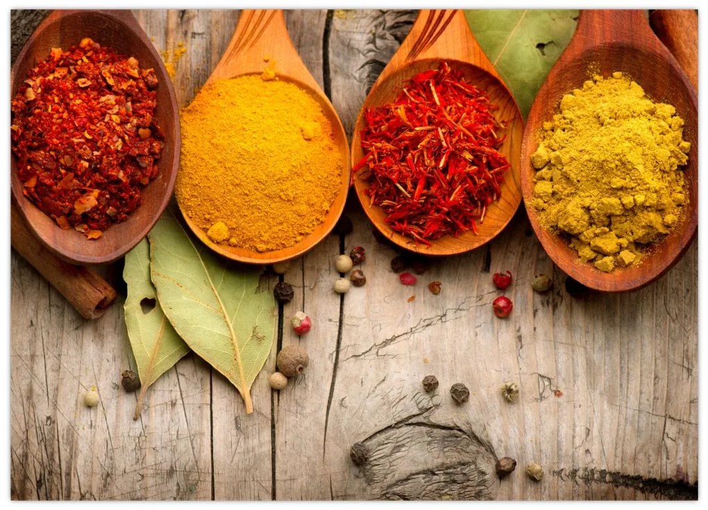 Tablou pe sticlă - Condimente pe lemn (70x50 cm)