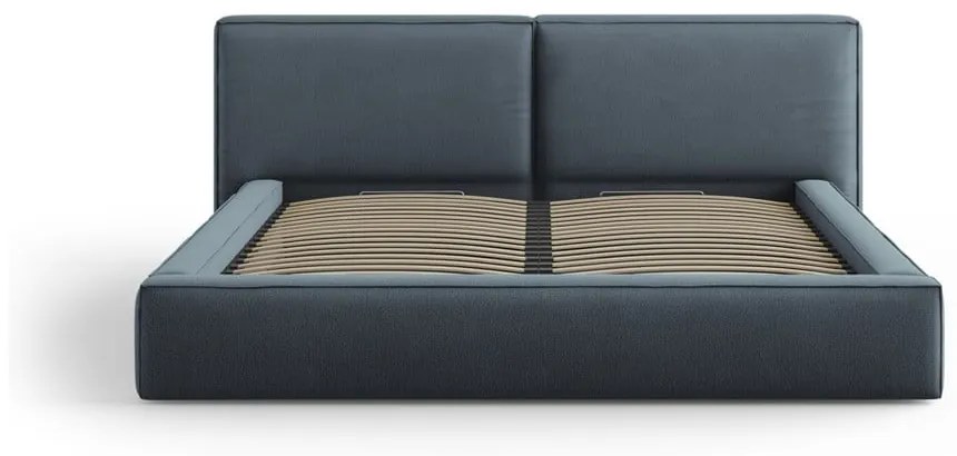 Pat matrimonial albastru închis tapițat cu spațiu de depozitare și somieră 140x200 cm Arendal – Cosmopolitan Design