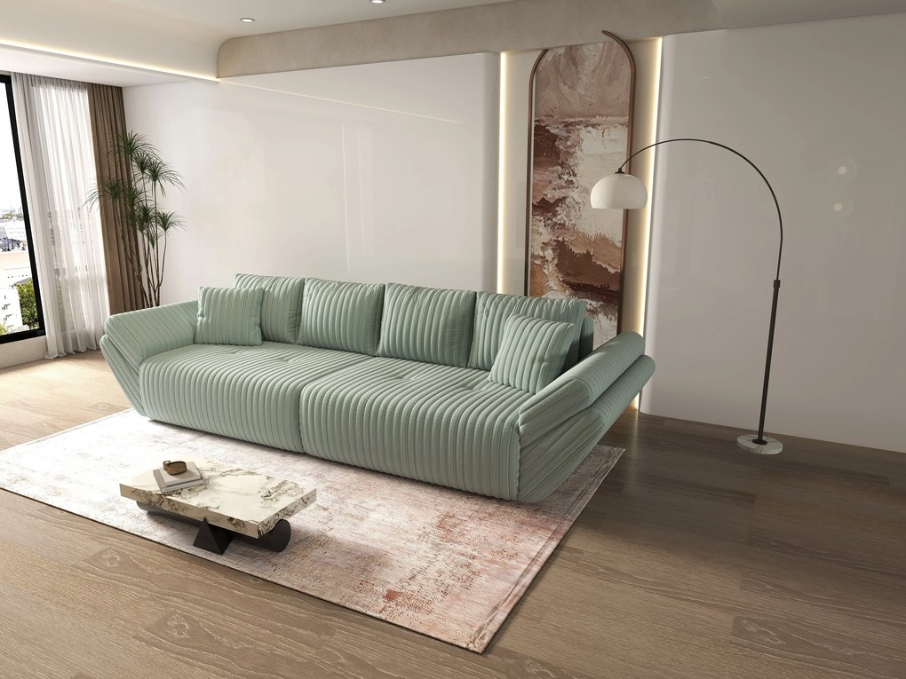 Canapea extensibilă dumonde cu ladă de depozitare si sezut confortabil din spuma high-density, Berlin Ambience Mint 300x100 cm