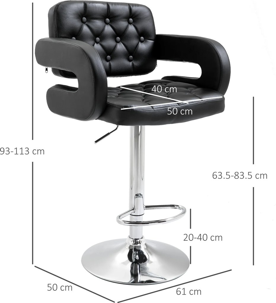HOMCOM Scaun de Bar cu Spătar și Brațe, Scaun Modern de Bucătărie Rotativ cu Înălțime Reglabilă, 61x50x94-114 cm, Negru | Aosom Romania
