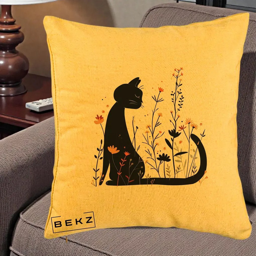 Perna Decorativa Pisica Neagra Flori Portocalii Silueta, 40x40 cm, Galben, Husa Detasabila, Perna Inclusa, BEKZ®