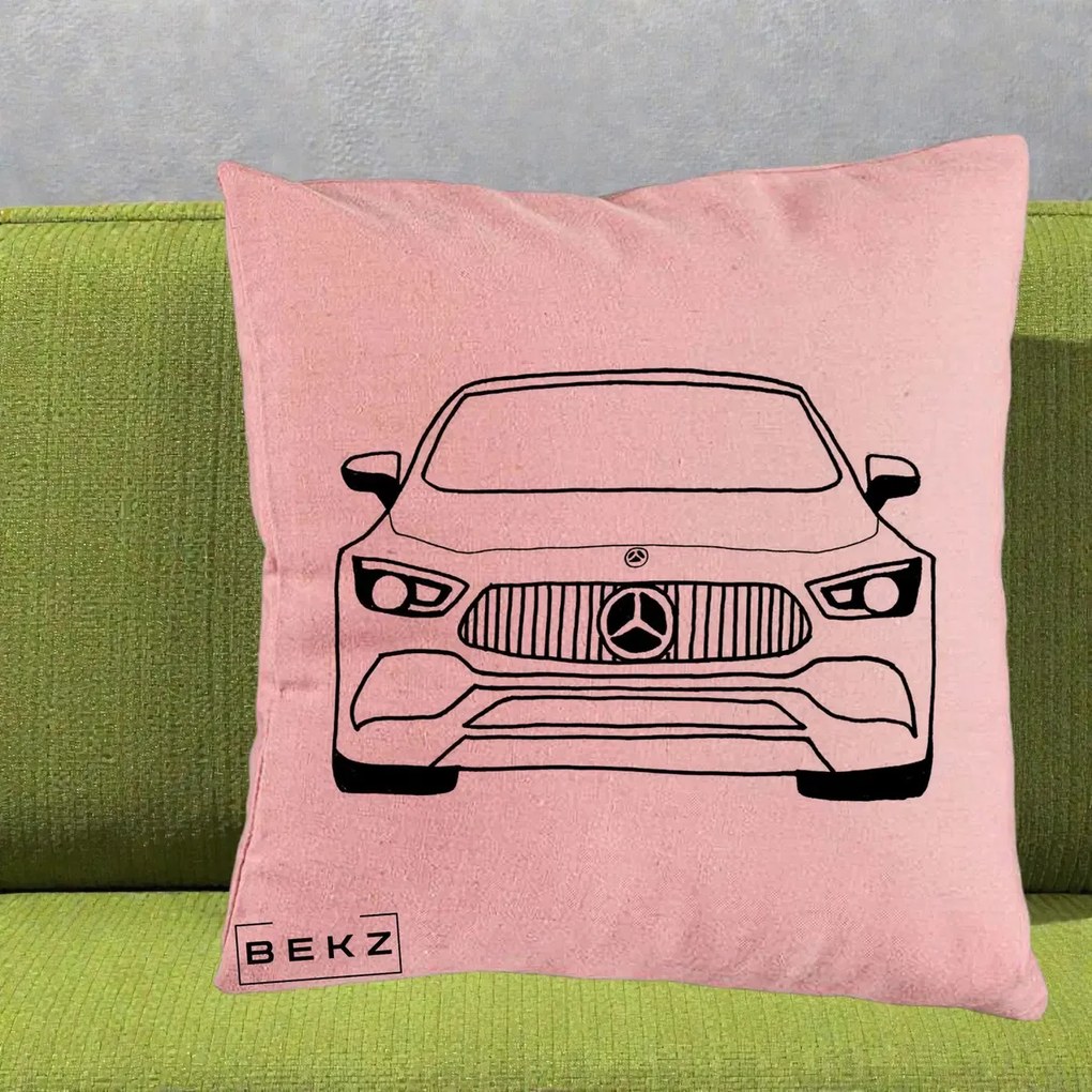 Perna Personalizata Mercedes-Benz Fata Linie, 40x40 cm, Roz, Husa Detasabila, Perna Inclusa, BEKZ®