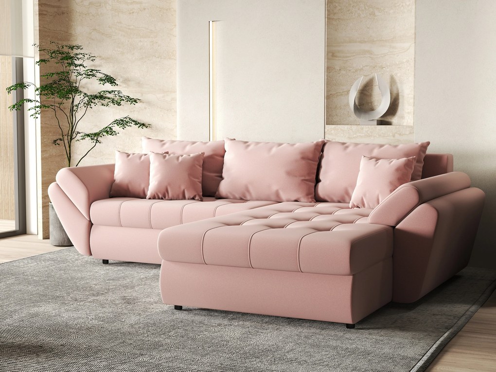 Colțar extensibil dumonde cu ladă de depozitare si sezut confortabil din spuma high-density, Loana Royal Pink II 270x185 cm