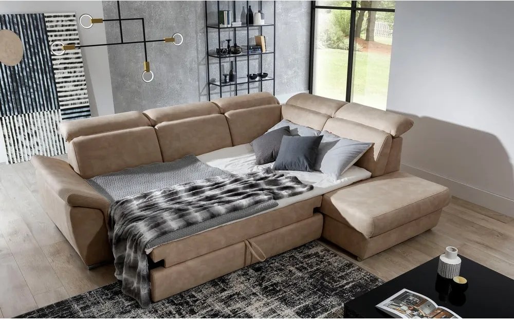 Colțar bej extensibil/cu spațiu de depozitare cu tapițerie din catifea (cu colț pe partea dreaptă/în formă de ”L”) Loreto – ELTAP