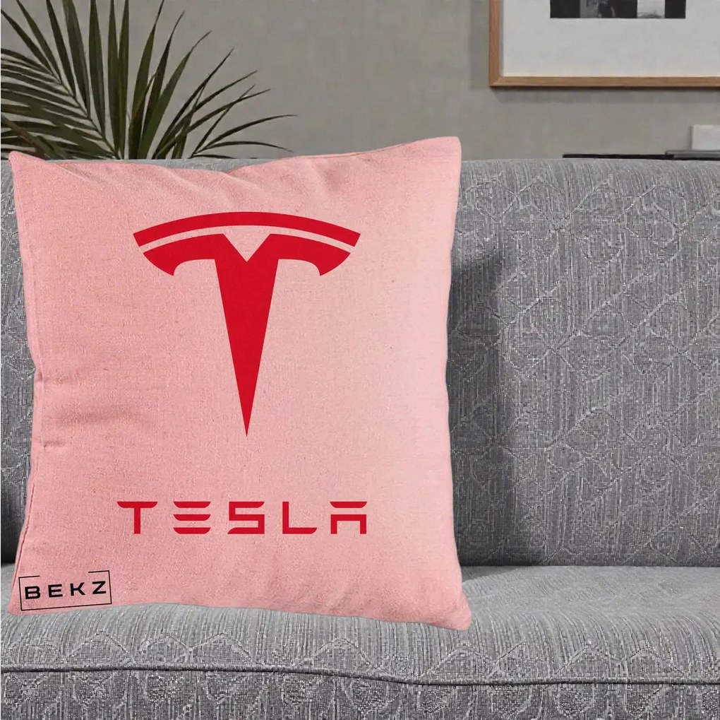 Perna Personalizata cu emblema Tesla, 40x40 cm, Roz, Husa Detasabila, Perna Inclusa, BEKZ®