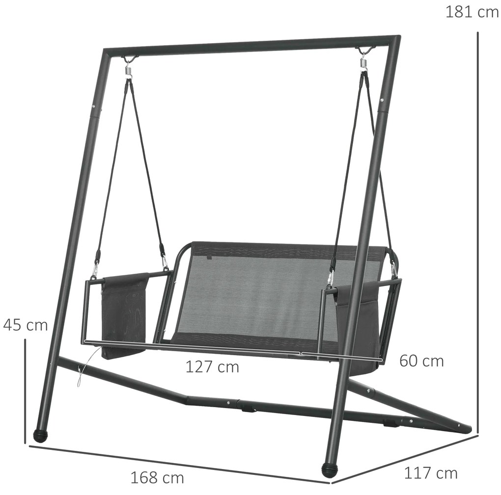 Outsunny Leagăn de Grădină cu 2 Locuri, Perne și Buzunare, Balansoar Exterior din Oțel și Textile, 168x117x181 cm, Gri Închis | Aosom Romania