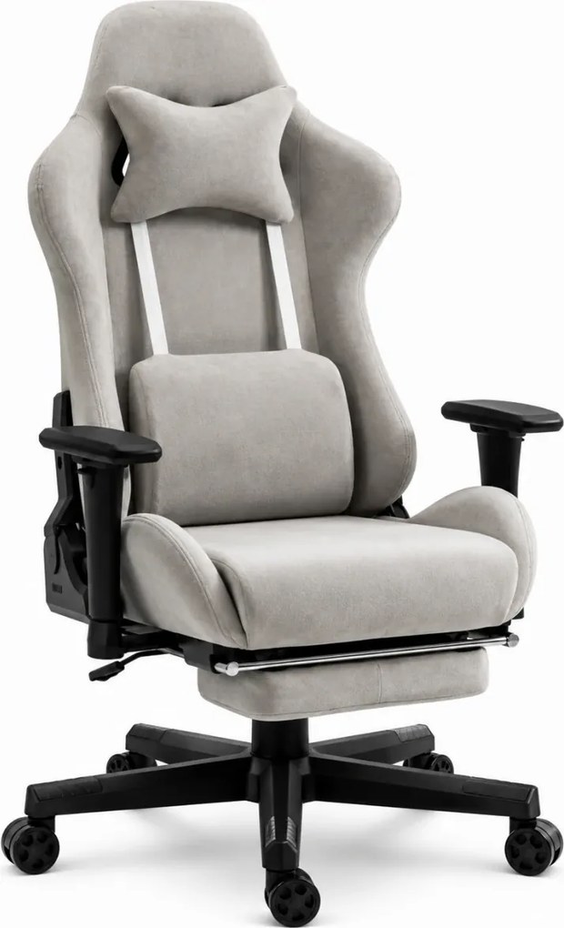 Scaun Gaming cu Masaj 7 Puncte și Încălzire, Telecomanda, Cotiere 3D, Reclinare 180°, Suport Picioare, Catifea, Gri