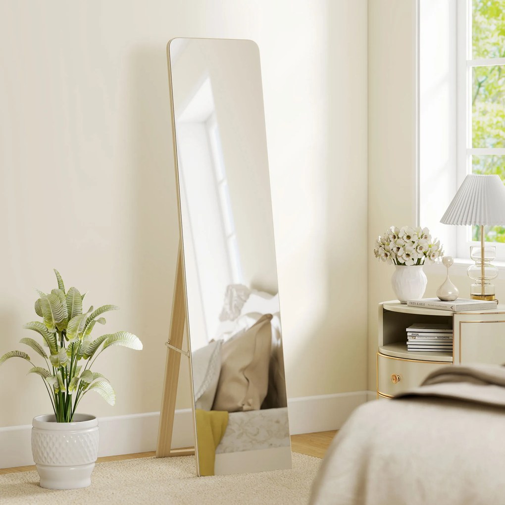 HOMCOM Oglindă pe suport și montată pe perete dreptunghiulară dim. 37L x 43l x 156H cm lemn natural | Aosom Romania