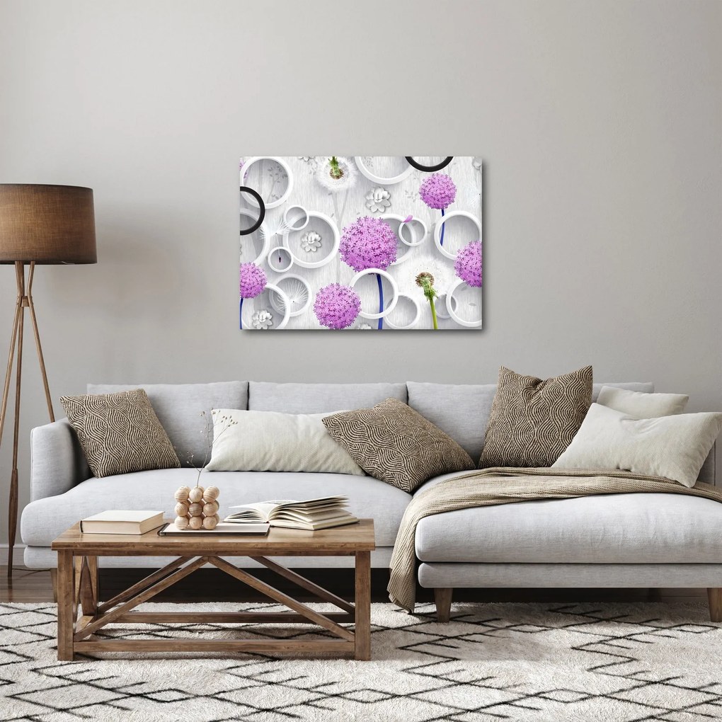 Tablou cu abstracție 3D cu cercuri și flori (70x50 cm)